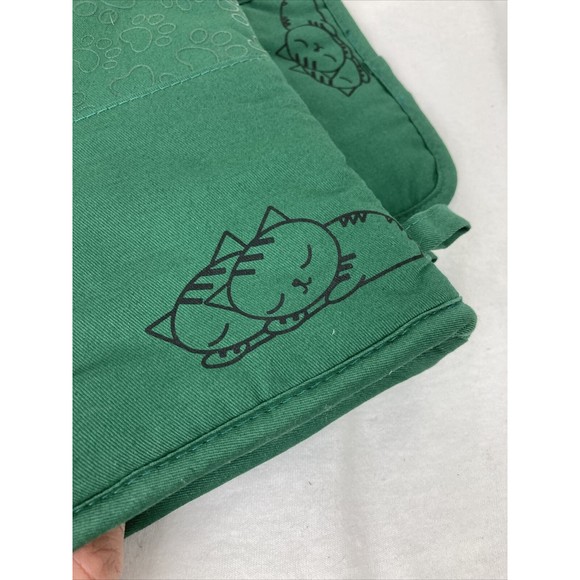 Green Cotton Silicone Paw print Cat Oven Mitts and Potholders Set Grill Glove - Picture 7 of 16